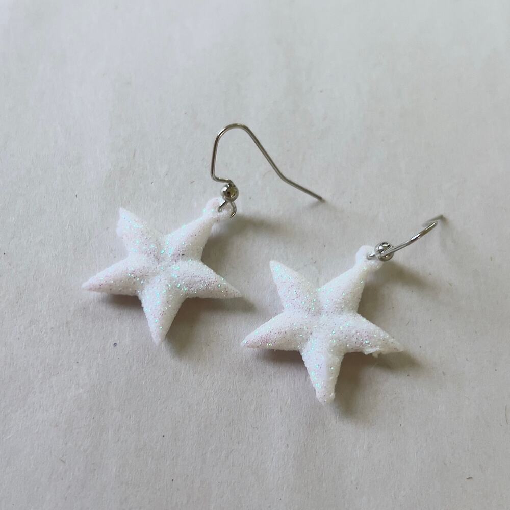 Sparkly White Star Earrings Handmade Christmas Jewelry